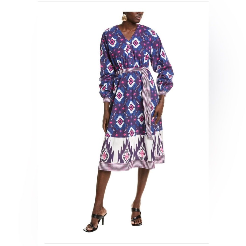 GARRIE B Long Sleeve Mixed Ikat Print Midi Dress Size M Color Pink Multi